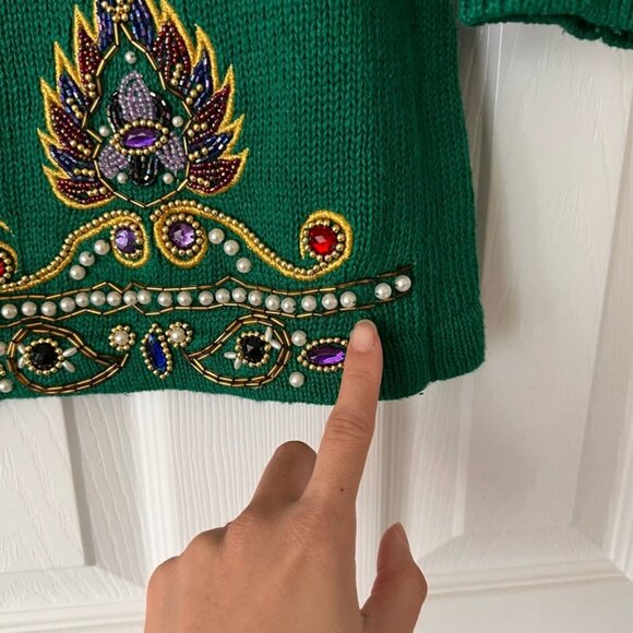 Quirky Vintage beaded turtleneck teacher knit sweater embroidery pearls Medium - Picture 14 of 16